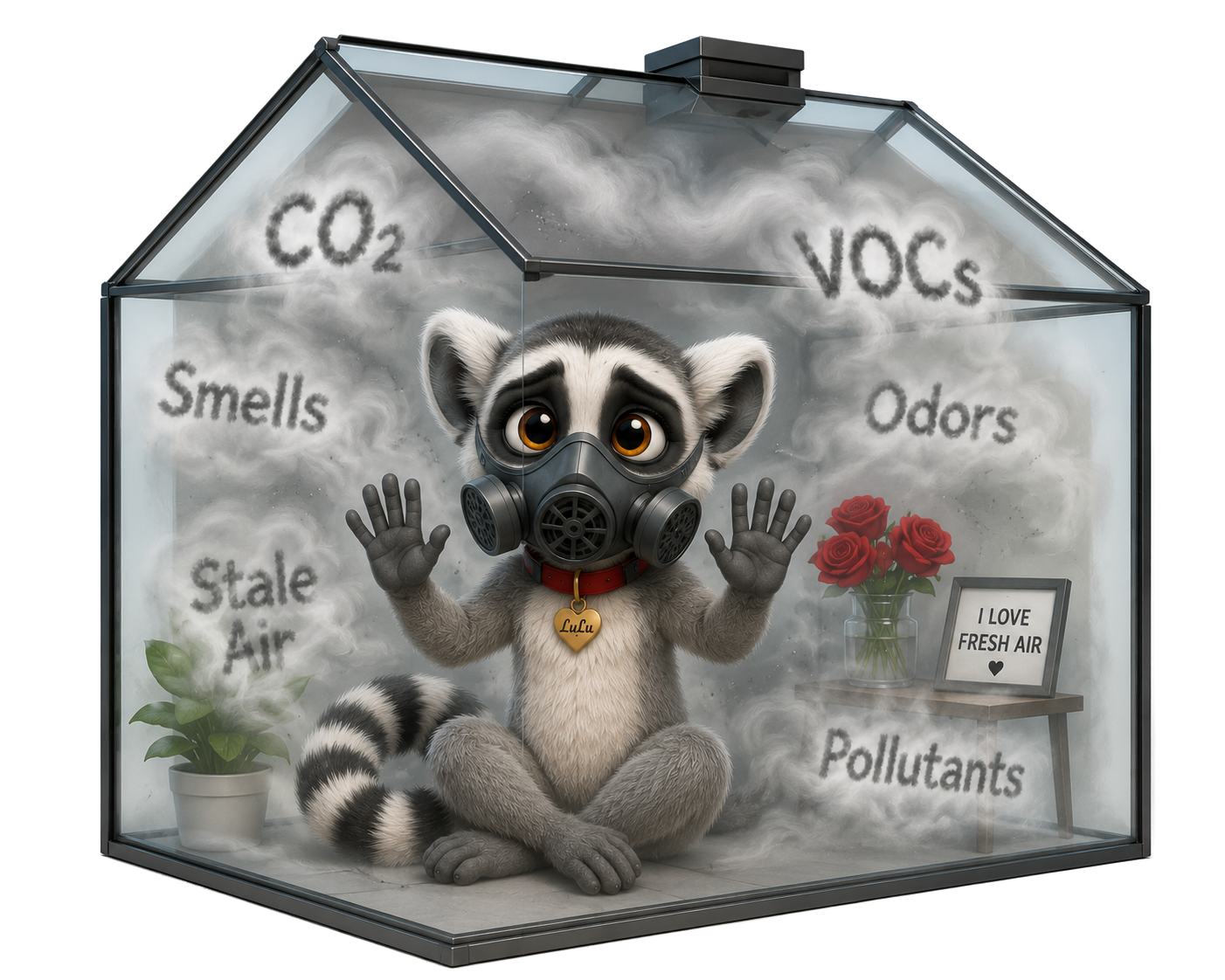Lulu in a gas mask in a smoggy room full of CO2, VOCs, odors, stale air and pollutants.