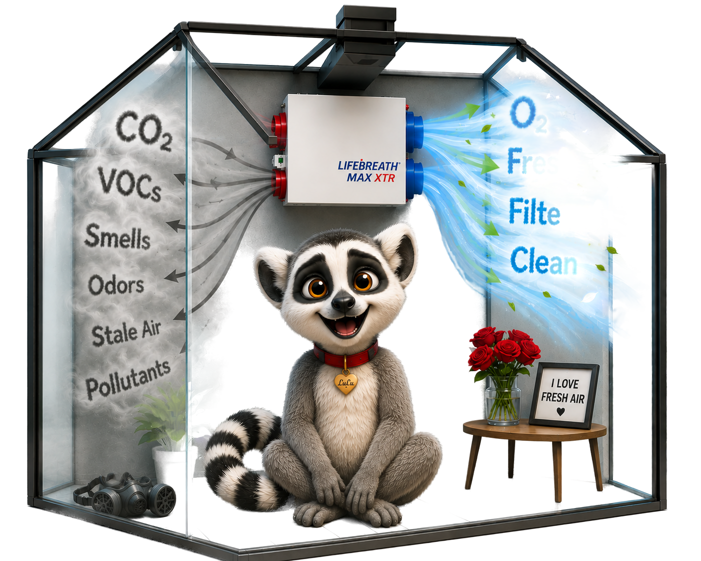 Lulu the Fresh Air Lemur sitting in a glass room, mask off and smiling as the LifeBreath MAX XTR delivers fresh, filtered air.